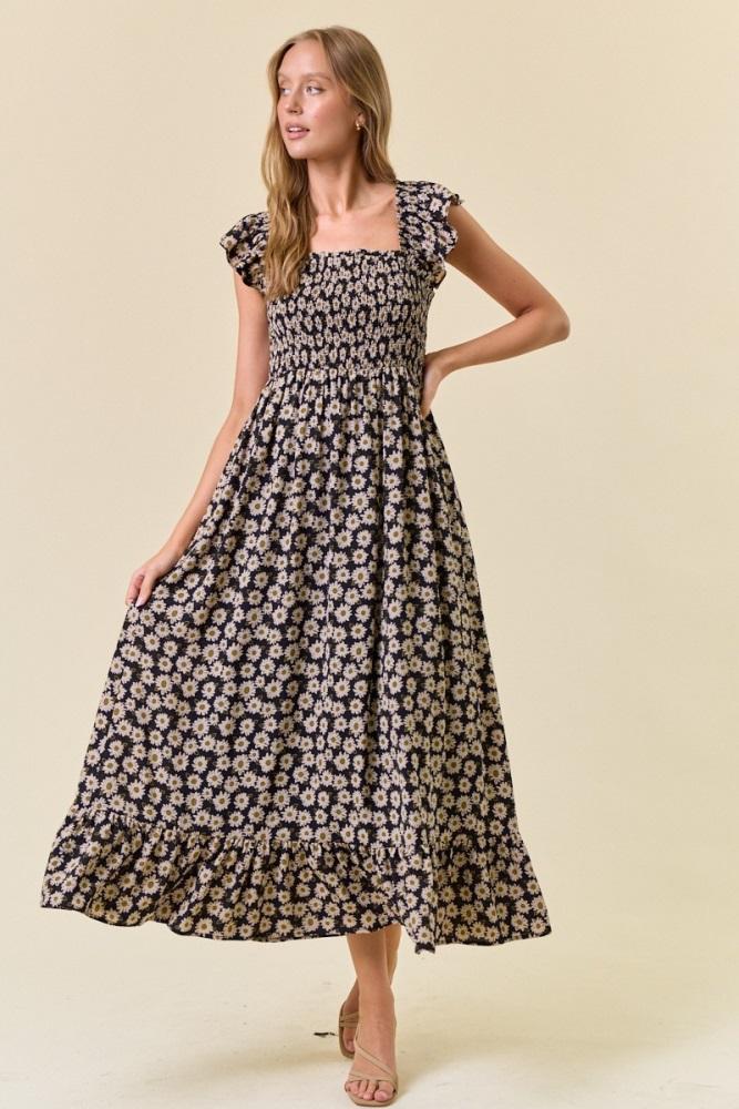 black floral smocked midi dress