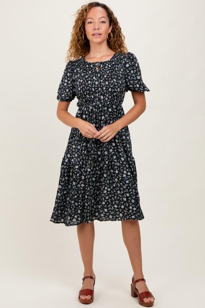 black floral smocked midi dress