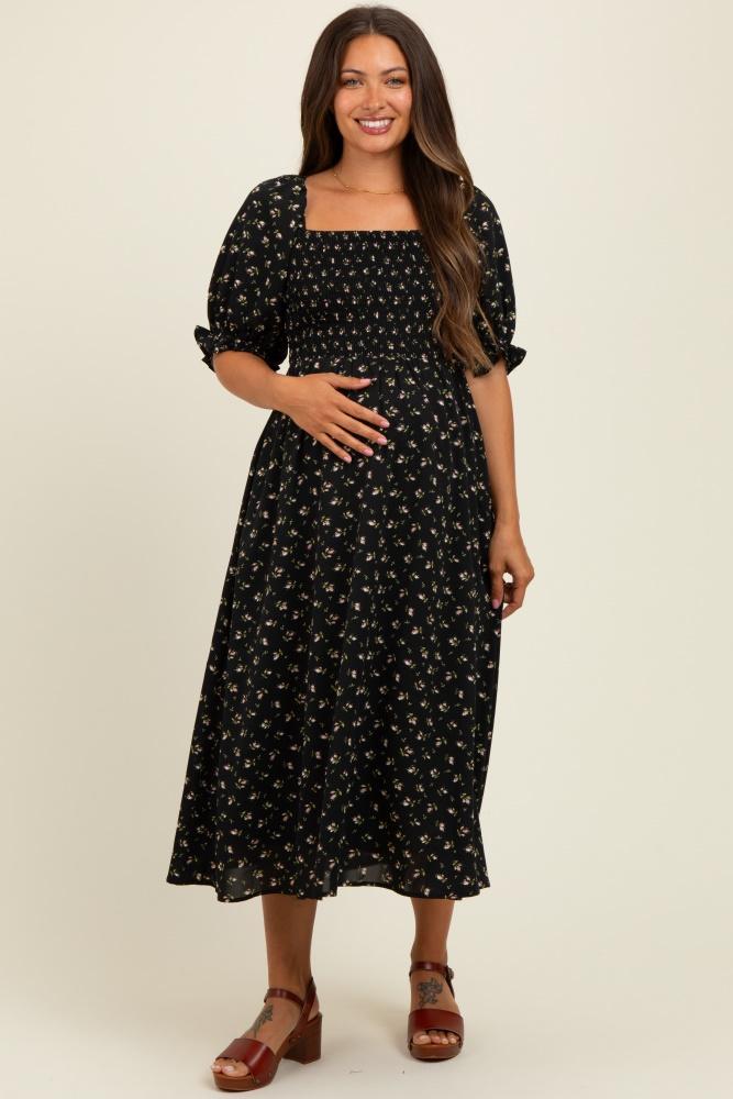 black floral smocked puff sleeve maternity midi dress