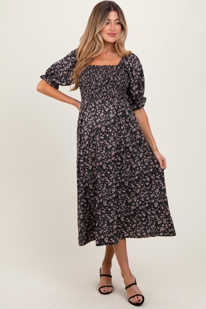 black floral smocked puff sleeve maternity midi dress
