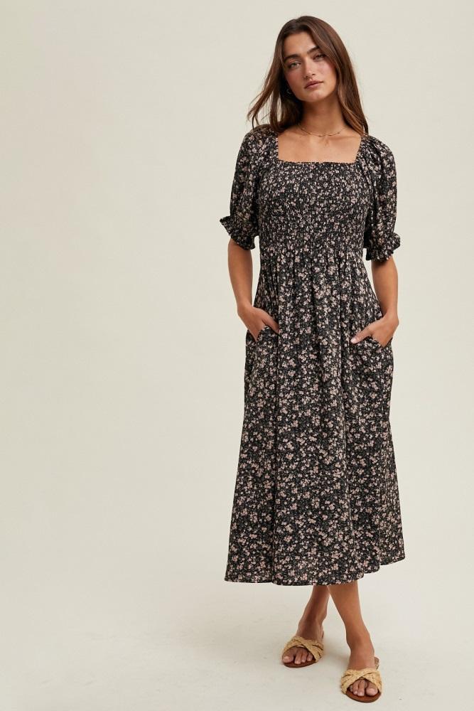 black floral smocked puff sleeve midi dress