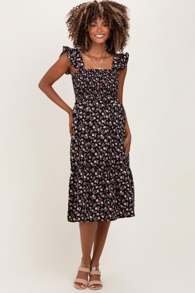 black floral smocked ruffle strap maternity midi dress