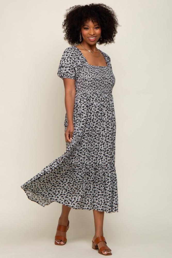 black floral smocked short sleeve midi dress