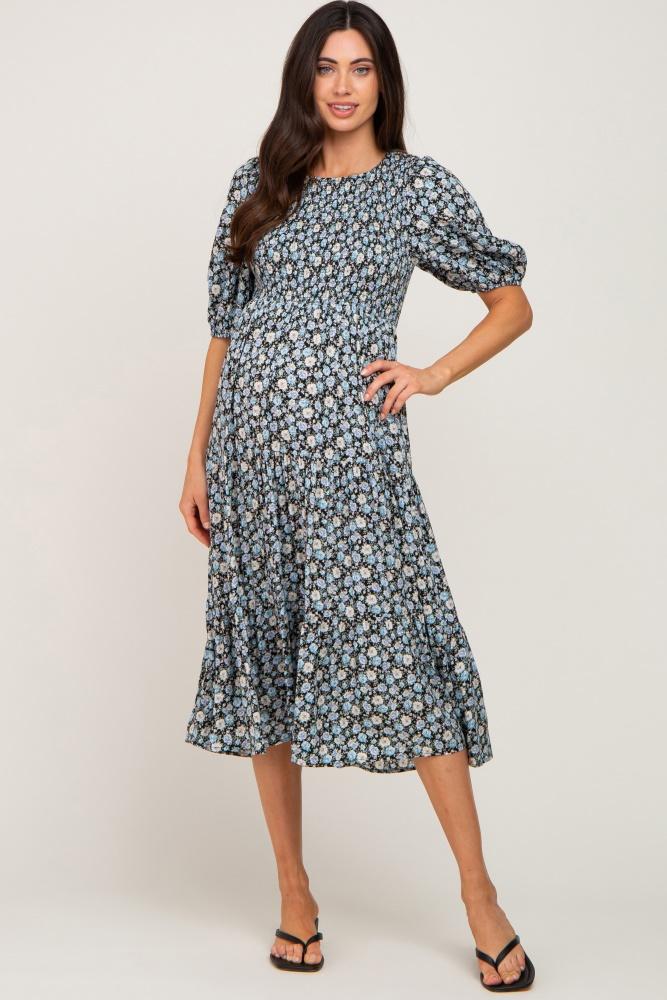 black floral smocked tiered maternity midi dress