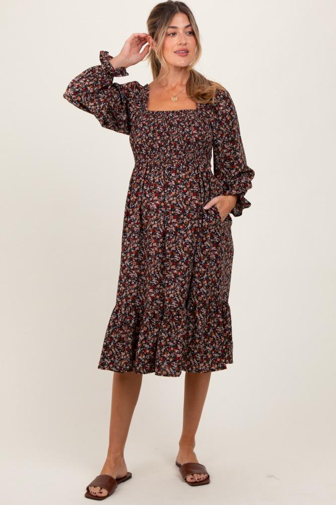 black floral smocked velvet back tie maternity midi dress