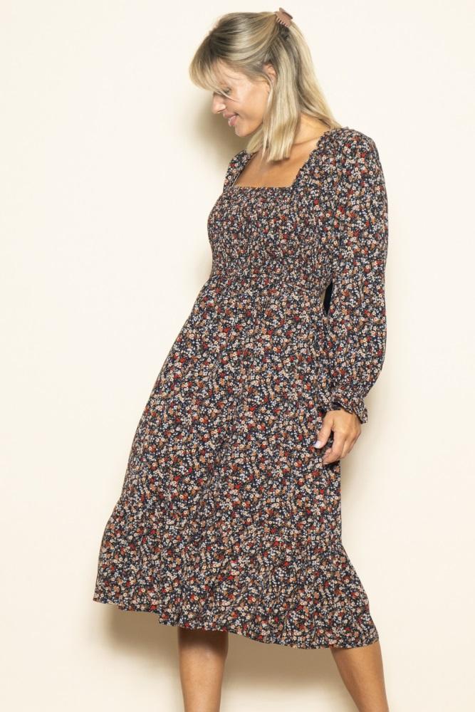 black floral smocked velvet back tie midi dress