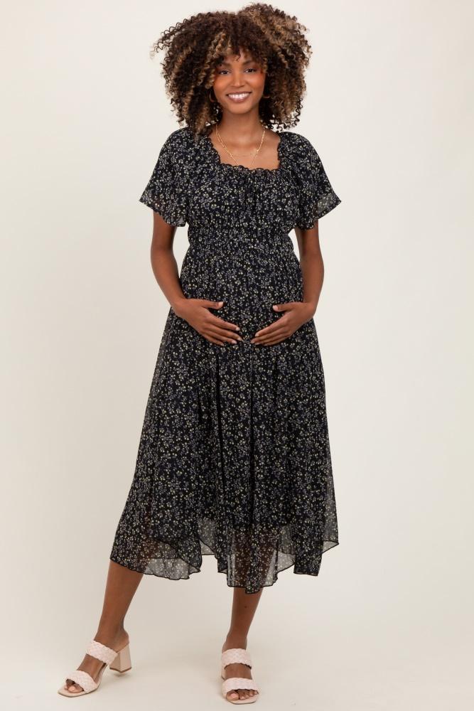 black floral square neck front tie maternity midi dress