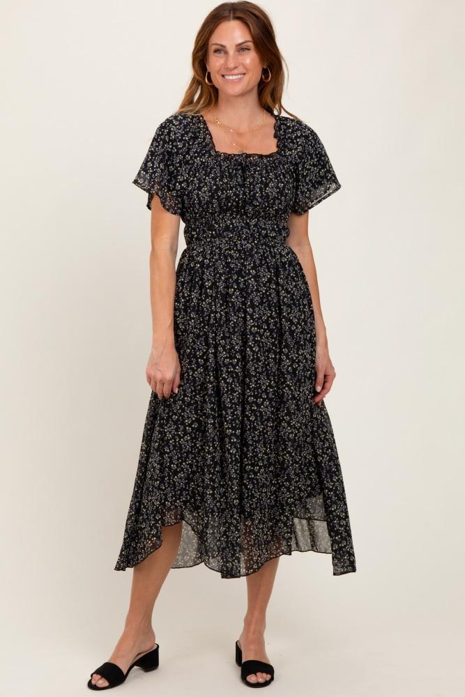 black floral square neck front tie midi dress