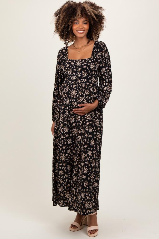 black floral square neck long sleeve maternity maxi dress