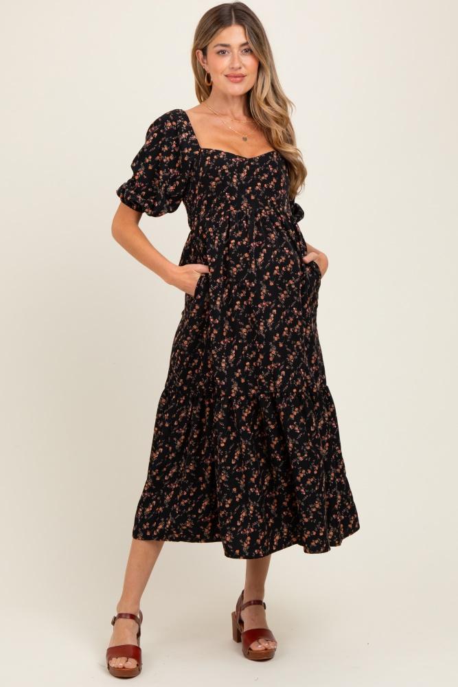 black floral sweetheart puff sleeve maternity midi dress