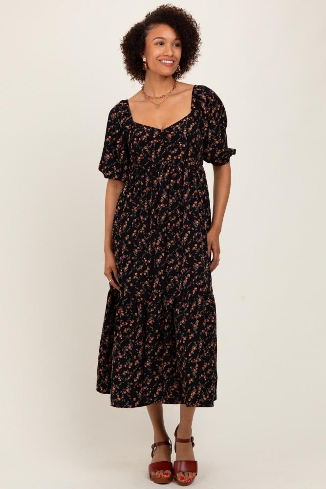 black floral sweetheart puff sleeve midi dress