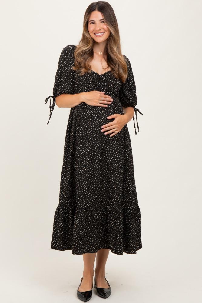 black floral tie sleeve maternity midi dress