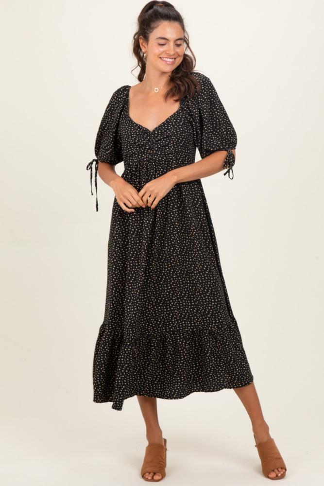 black floral tie sleeve midi dress