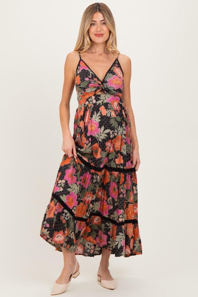 black floral twisted front lace detail maternity maxi dress