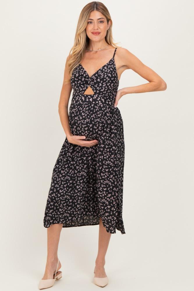 black floral twisted front maternity midi dress