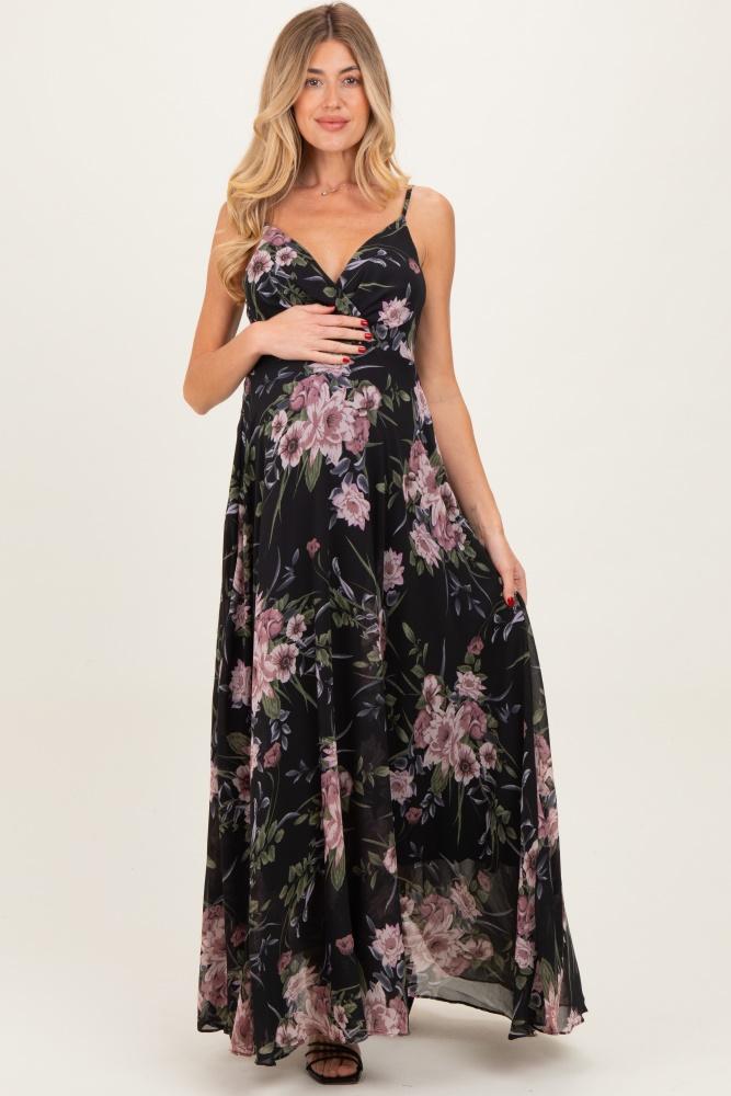black floral v-neck sleeveless maternity maxi dress