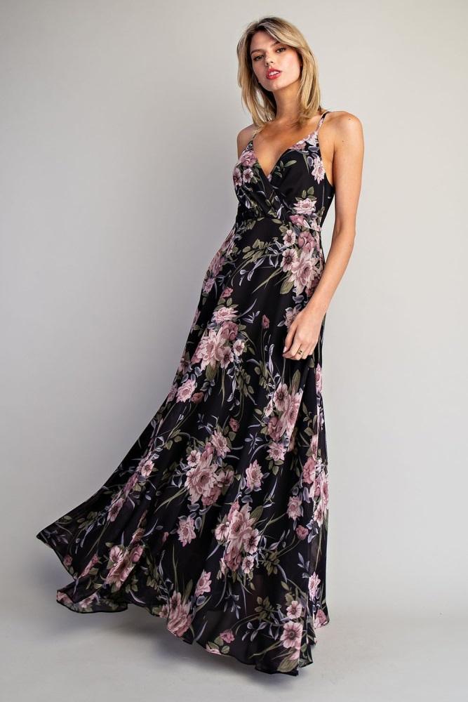 black floral v-neck sleeveless maxi dress