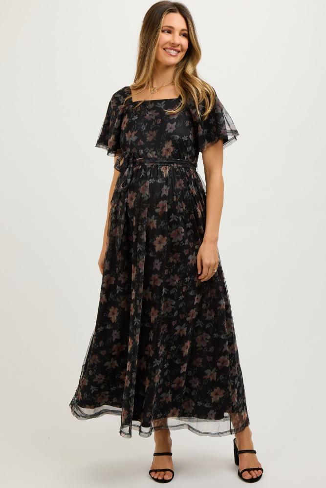 black floral waist tie maternity midi dress