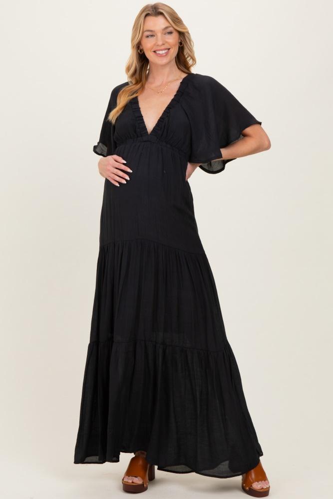 black flutter sleeve maternity maxi dress