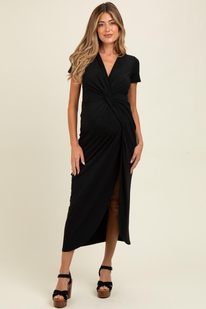 black gathered front short sleeve maternity maxi dress