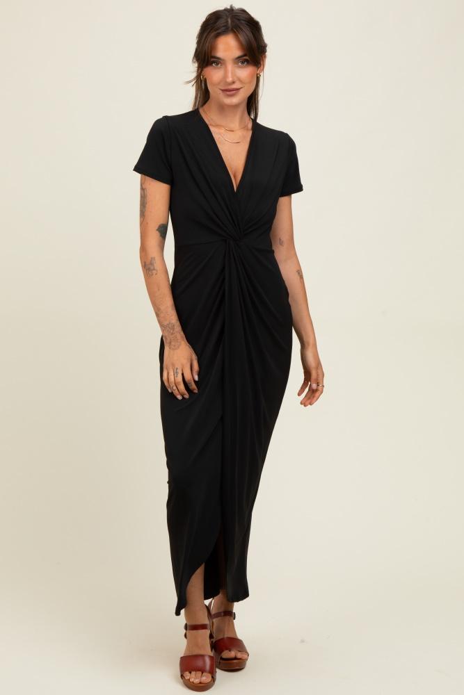 black gathered front short sleeve maxi dress