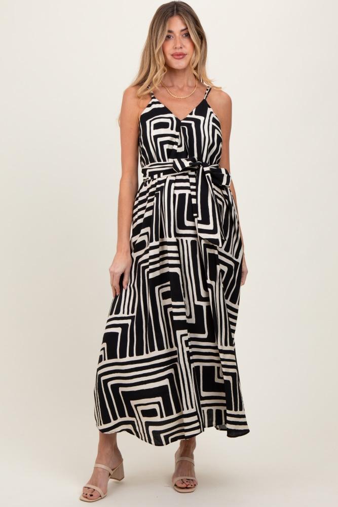 black geometric print sash tie maternity maxi dress
