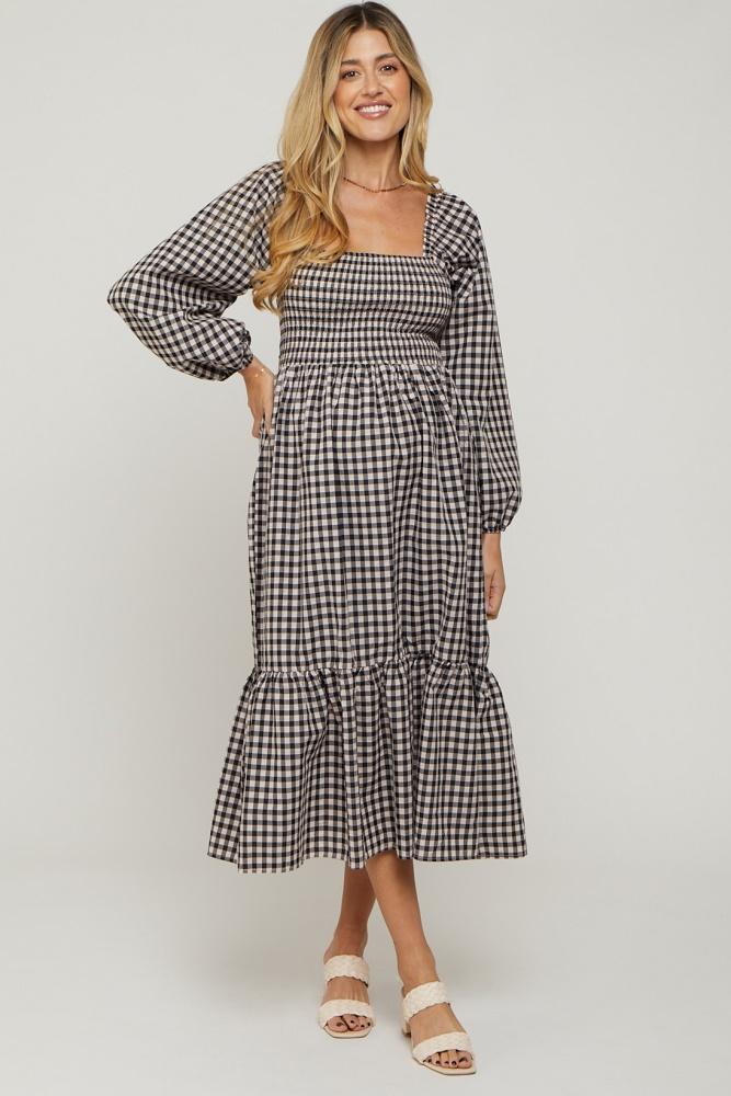 black gingham long sleeve maternity midi dress