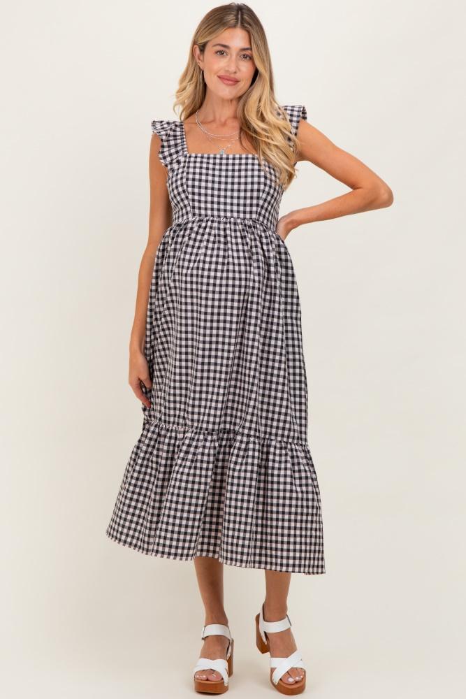 black gingham ruffle strap maternity midi dress