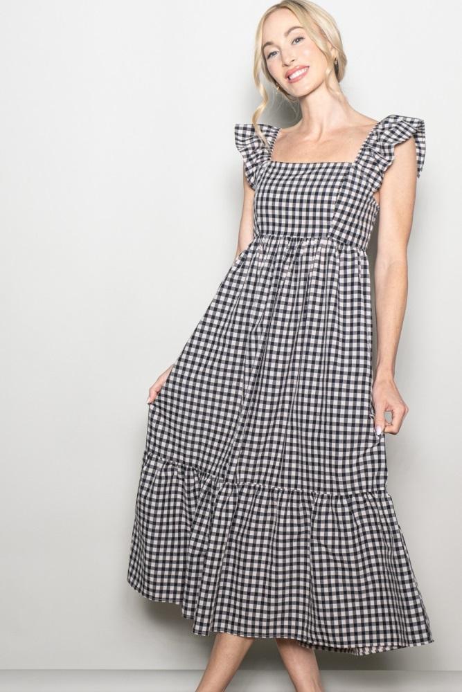 black gingham ruffle strap midi dress