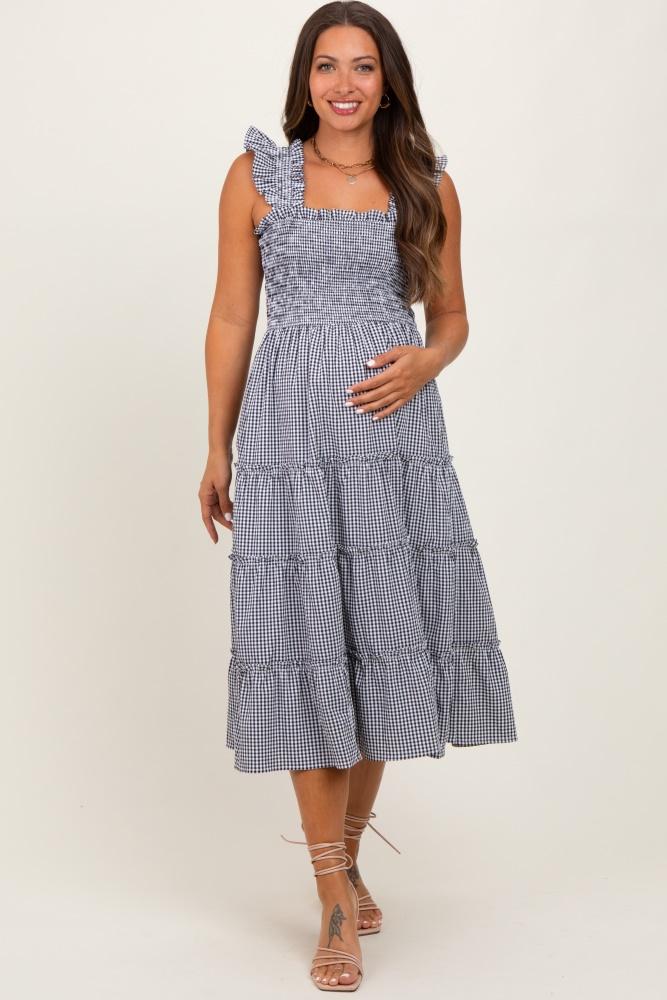 black gingham ruffle tiered maternity midi dress