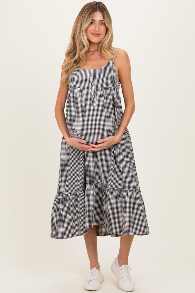 black gingham sleeveless maternity midi dress