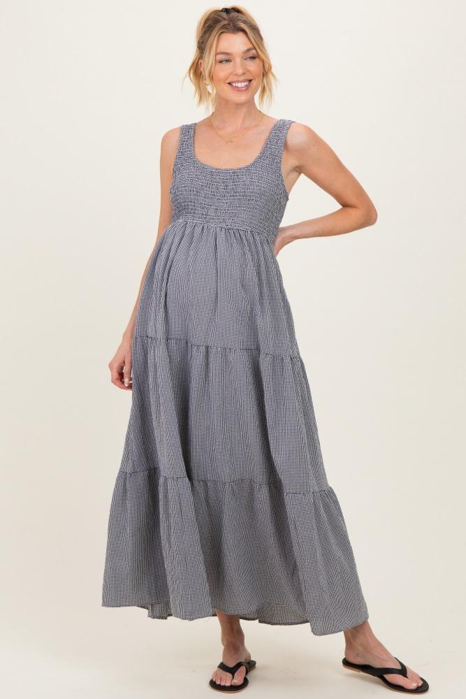 black gingham smocked bodice maternity maxi dress