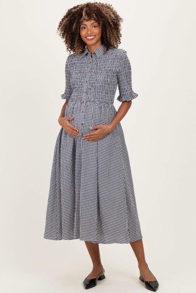 black gingham smocked button down maternity midi dress