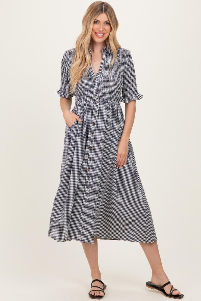 black gingham smocked button down midi dress