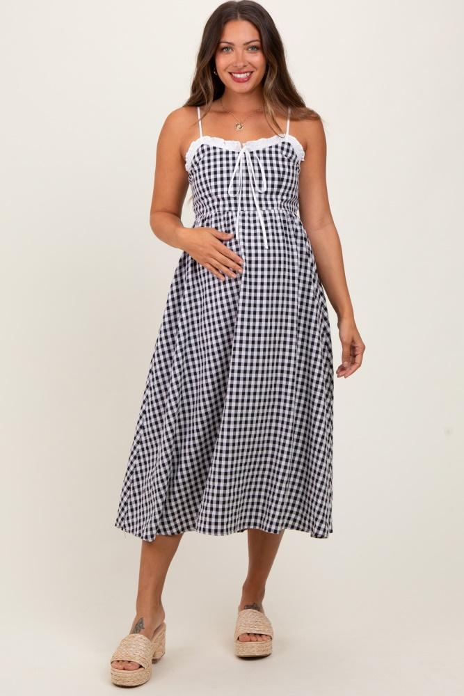 black gingham smocked trim maternity midi dress