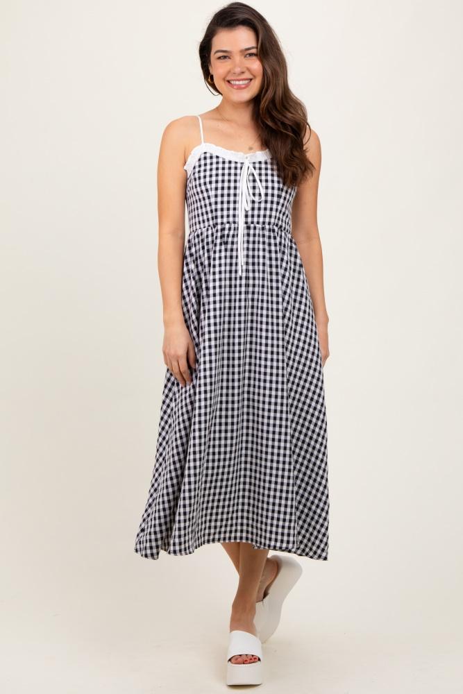 black gingham smocked trim midi dress