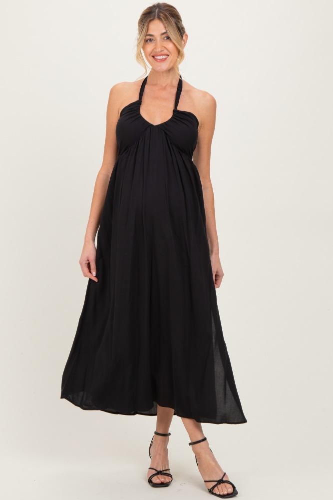 black halter neck side slit maternity midi dress