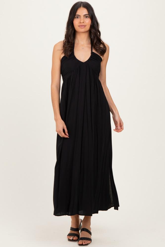 black halter neck side slit midi dress