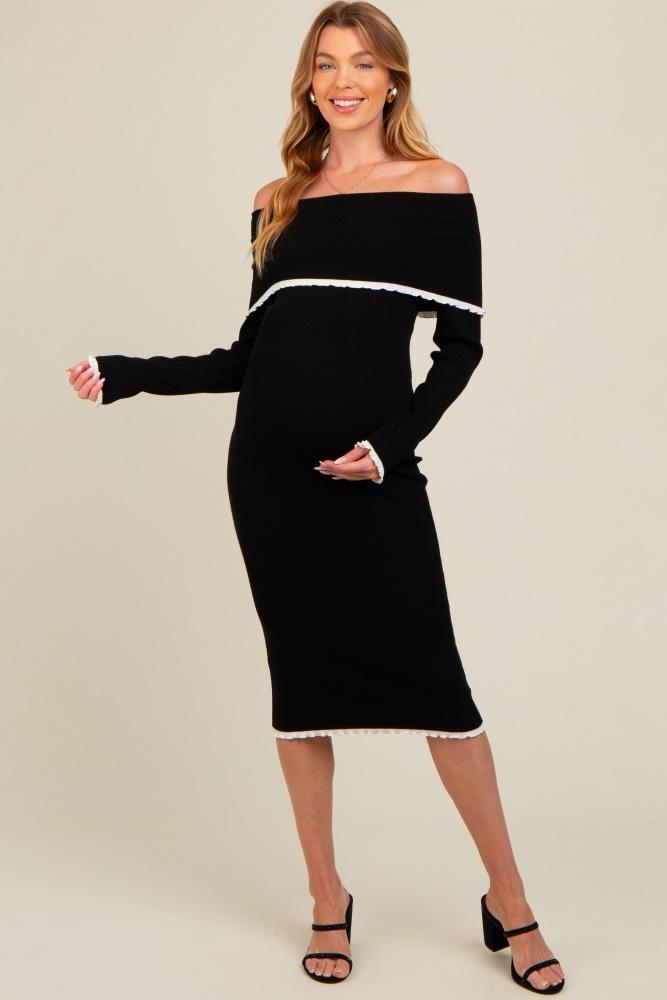 black knit off shoulder contrast ruffle trim maternity dress