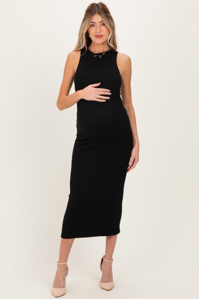 black knit open tie back sleeveless maternity midi dress