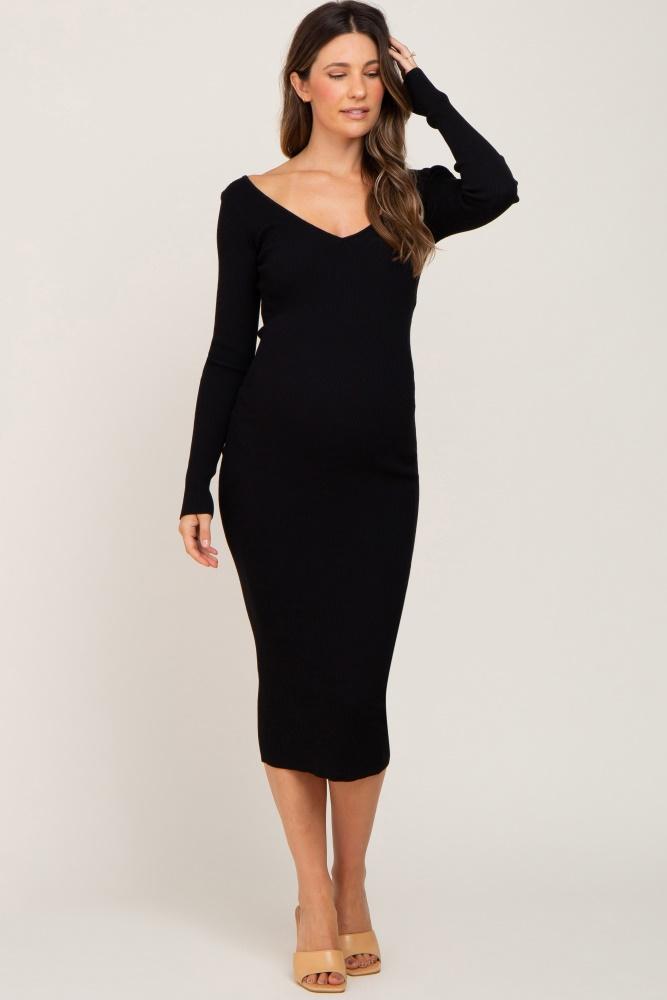 black knit ribbed maternity midi dress
