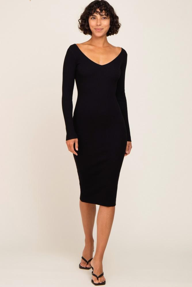 black knit ribbed midi dress