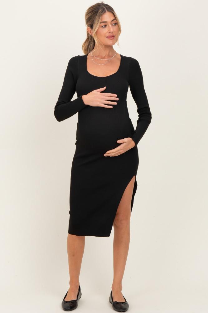 black knit square neck slit maternity midi dress