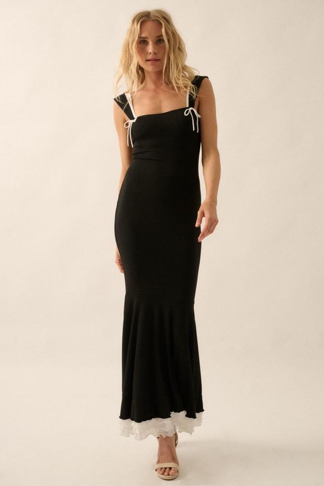 black knit tie detail sleeveless mermaid maxi dress