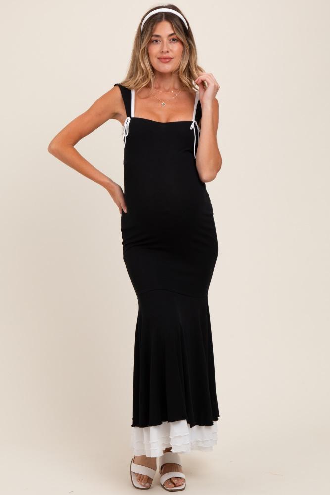 black knit tie detail sleeveless mermaid maxi maternity dress