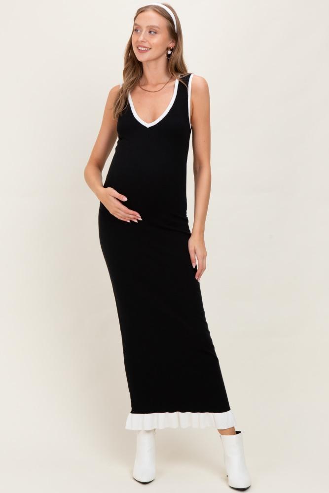 black knit v-neck contrast ruffle hem maternity maxi dress