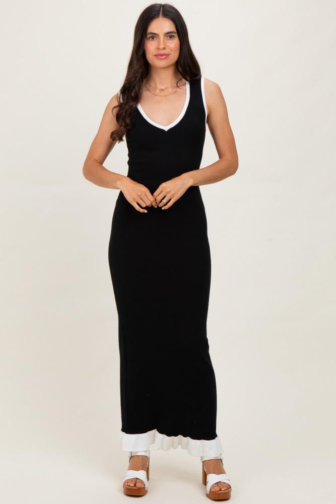 black knit v-neck contrast ruffle hem maxi dress