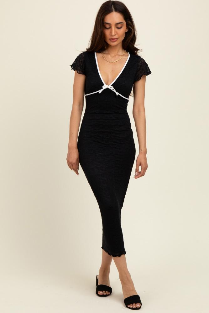 black lace contrast fitted midi dress
