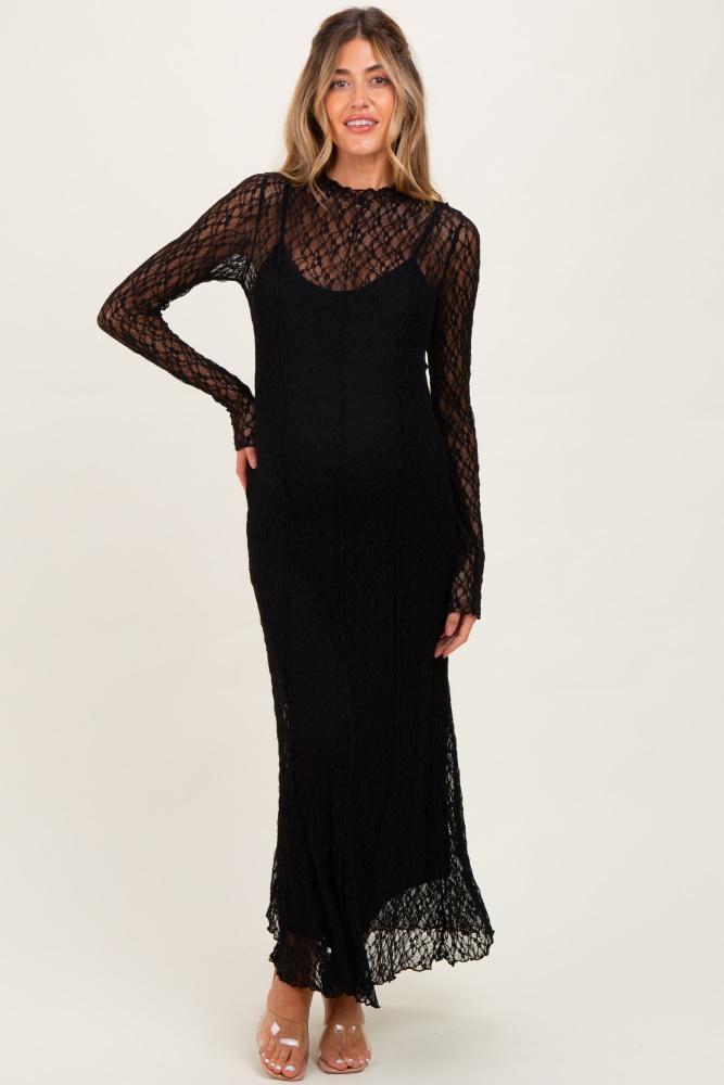 black lace mock neck long sleeve maternity maxi dress