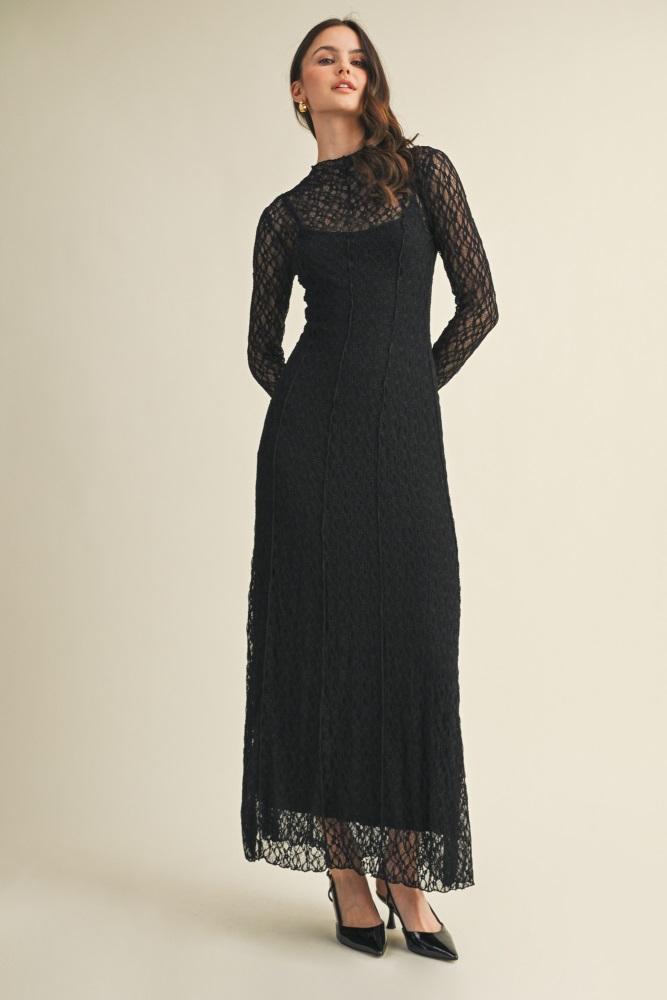 black lace mock neck long sleeve maxi dress
